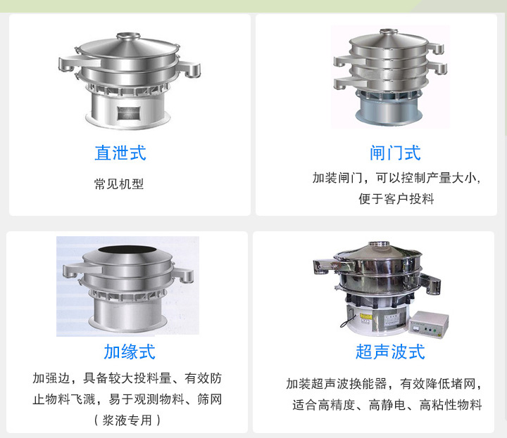 大漢旋振篩根據不同行業的要求分為直泄式、閘門式、加緣式、超聲波式等設計